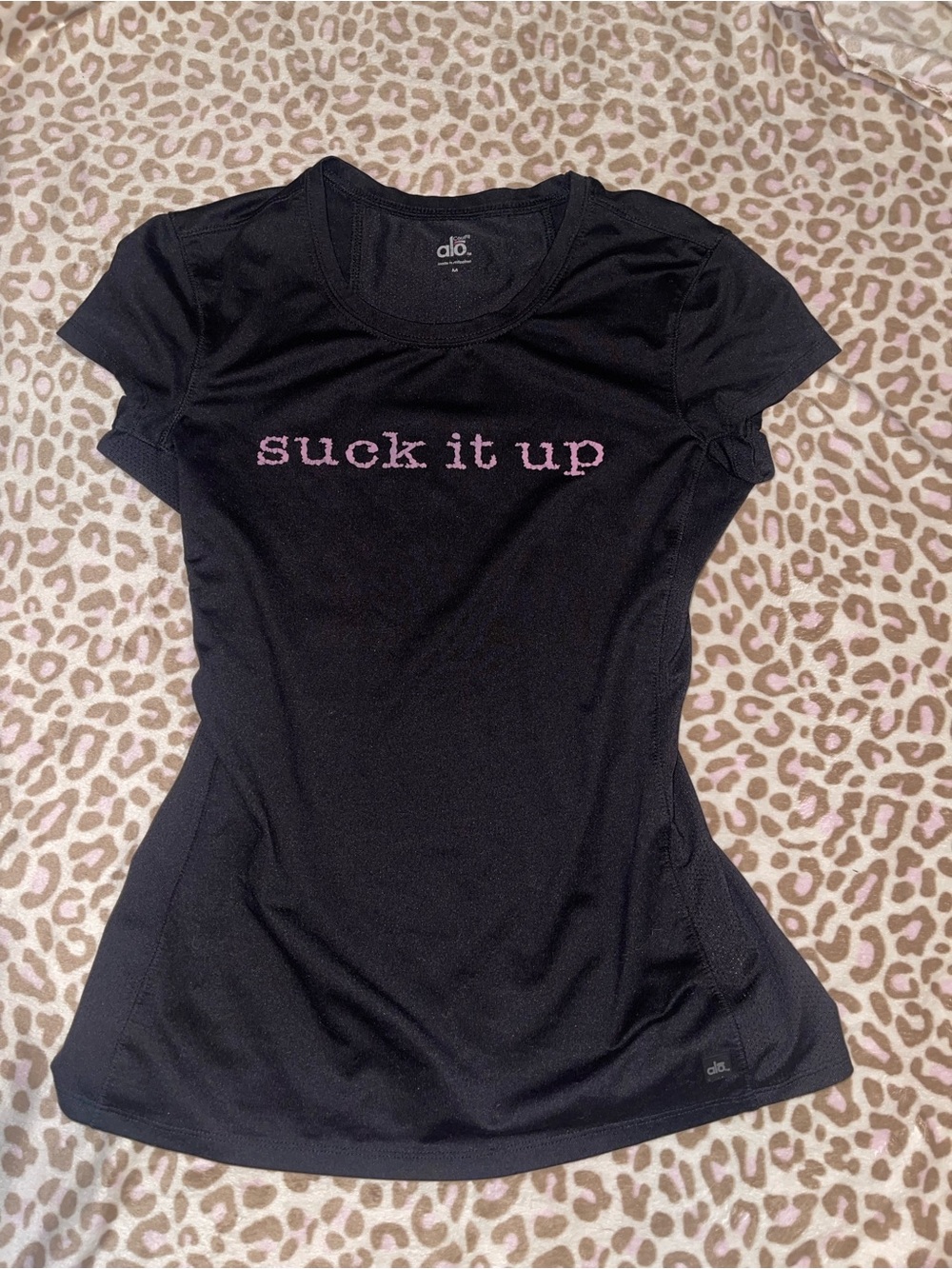 ALO Yoga Black Short Sleeve Tee with Pink Graphic